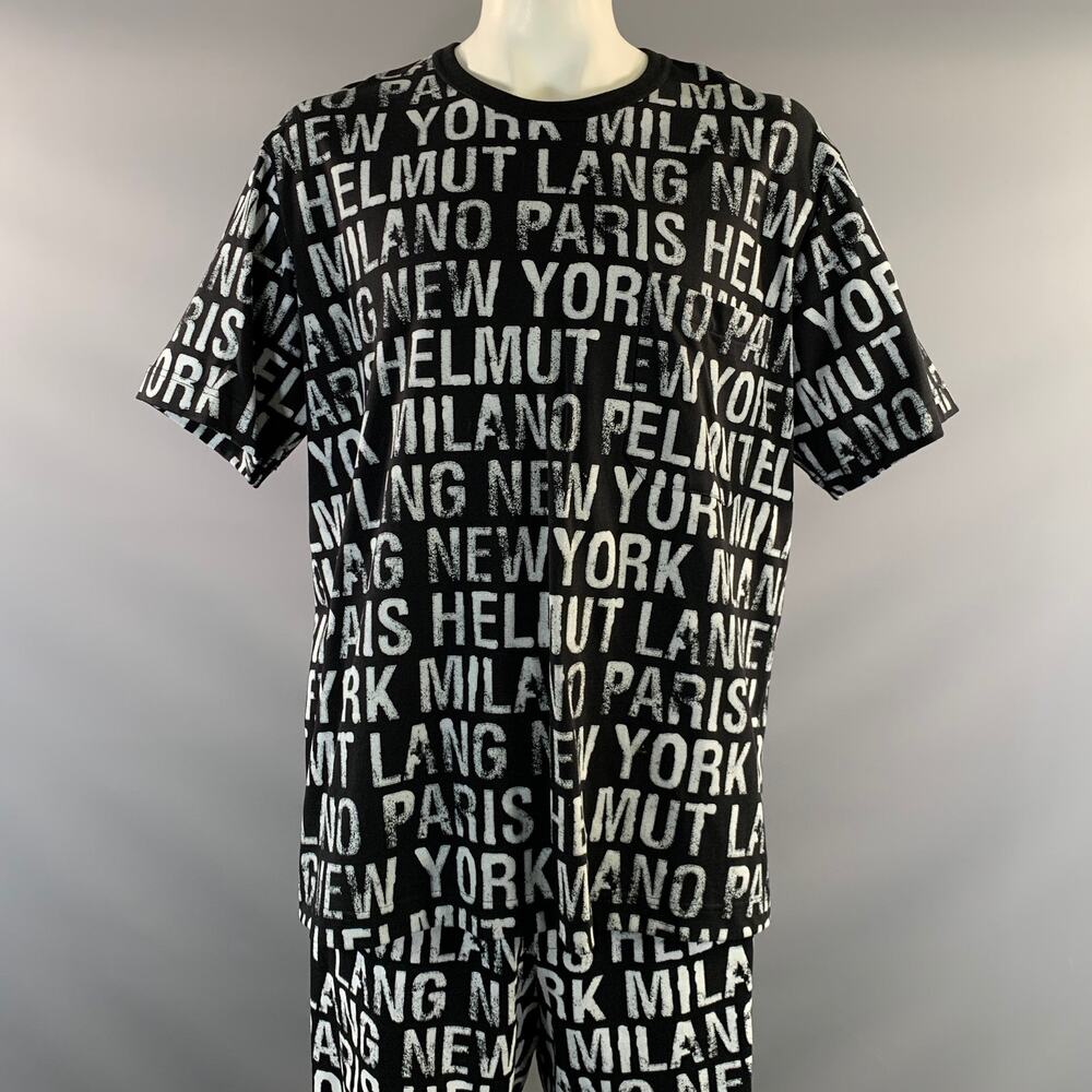 HELMUT LANG SS2020 Size XXL Black White 119376 Logo Cotton T Shirt & Shorts Set